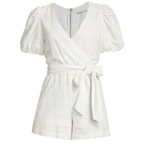 Alice + Olivia‎ Eyelet Romper Wrap Puff Sleeve White Summer Casual Size 4